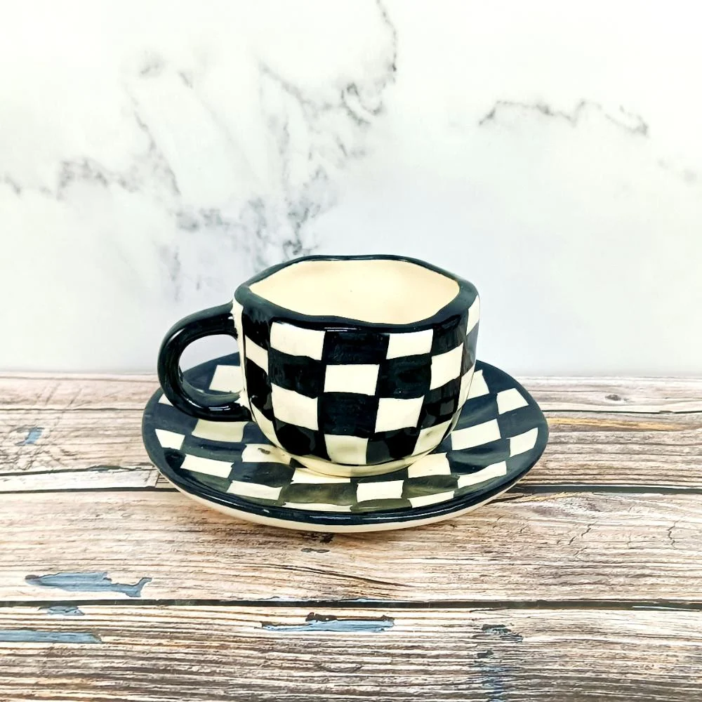 Black & White Check Design Ceramic Cup Saucer
